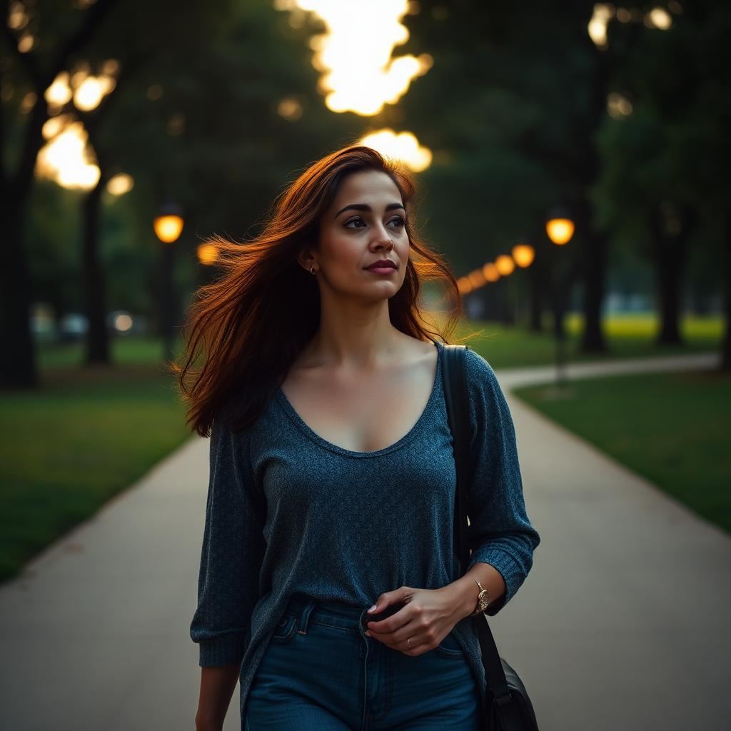 Mulher caminhando em parque ao entardecer em luz dourada, imagem simbólica de transição