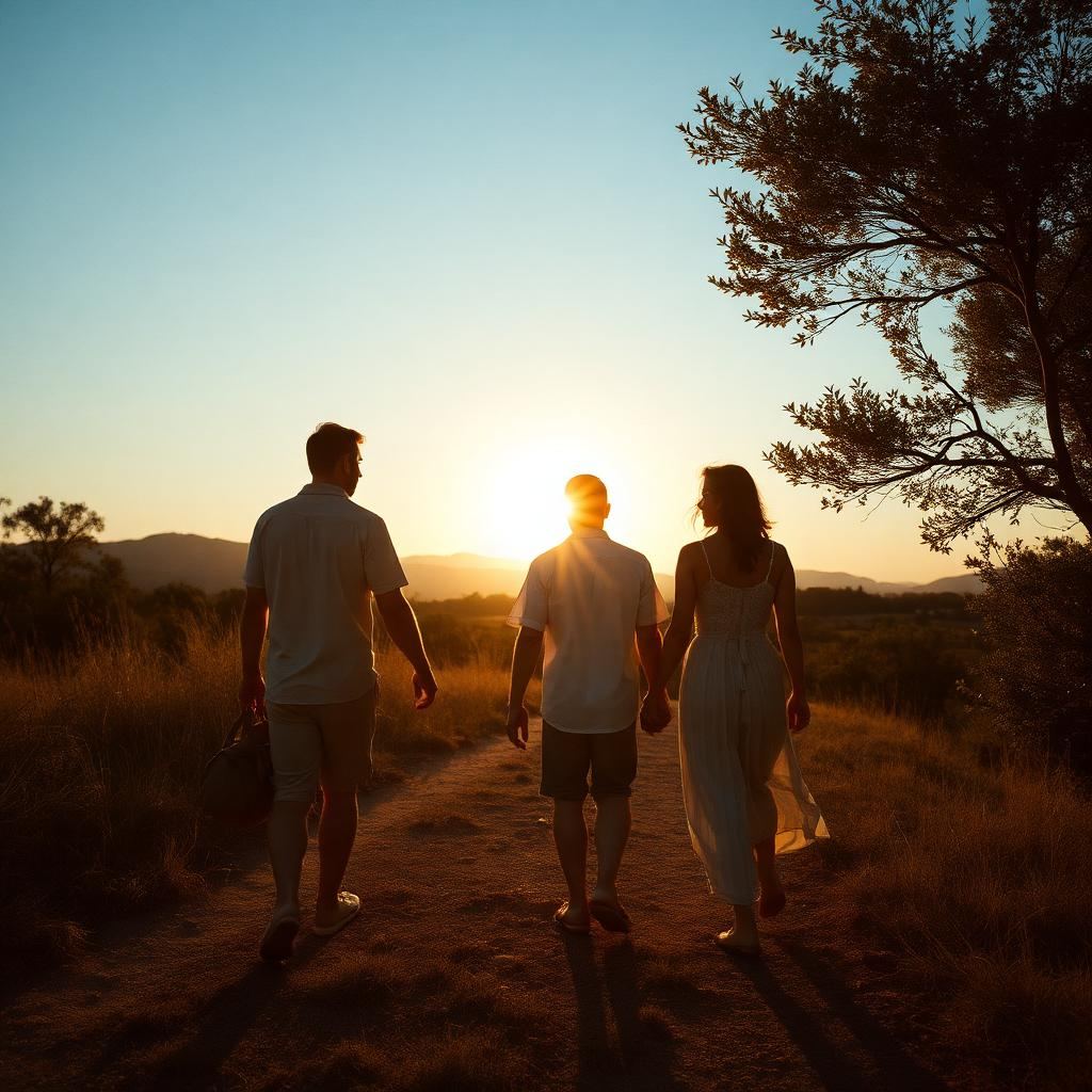 Casal caminhando de mãos dadas em silhueta ao pôr do sol, símbolo de reconexão