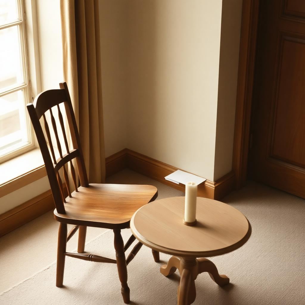 Cadeira vazia junto a mesa com vela acesa e carta, imagem simbólica do luto